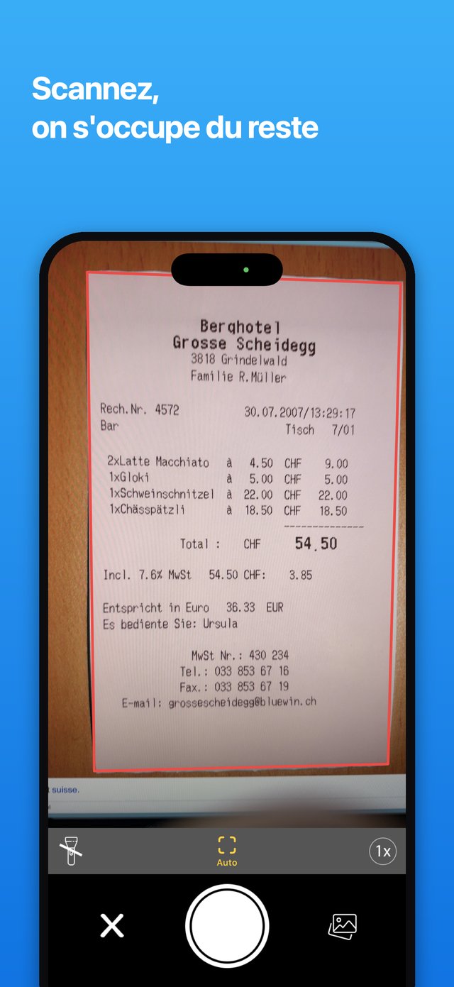 Numérisation d'un reçu, les bords détectés automatiquement